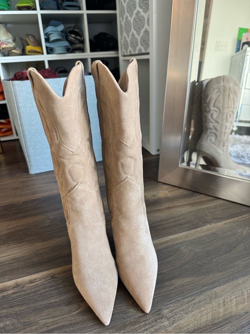 Steve Madden Taupe Suede Pointed-Toe Western Knee Boots